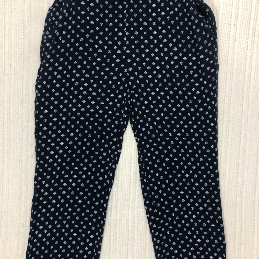 Chico's Navy Blue White Medallion Print Rayon Pull On Tapered Pants Size 00 XS